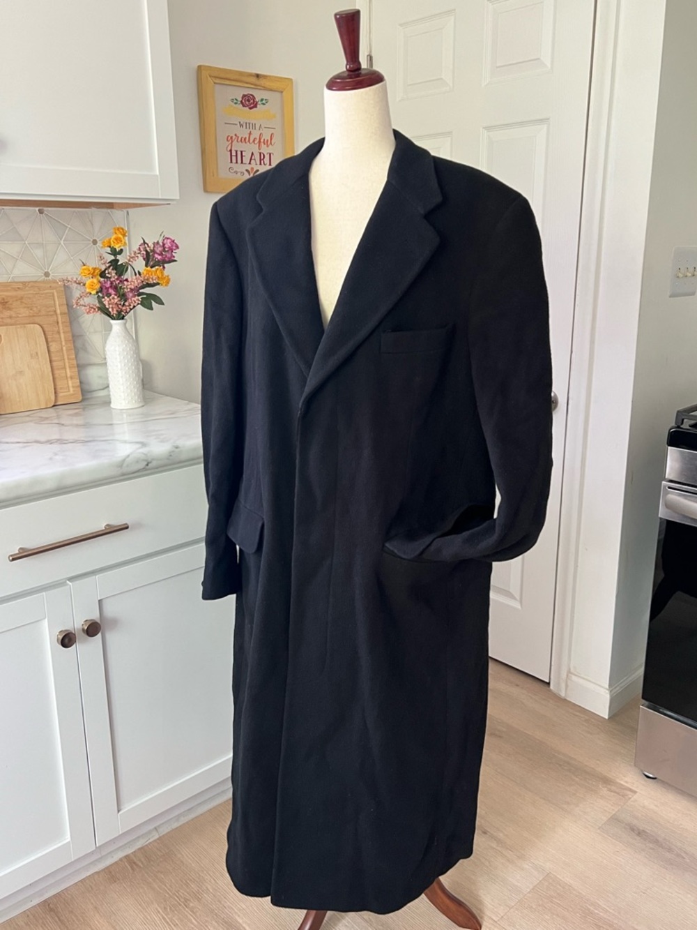 Vintage Burberry’s Camel Hair Black Trench Style Buttoned Front Long Length Coat